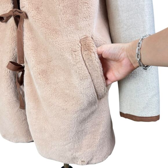 Madewell Brown Beige Colorblock Faux Mink Fur Long Length Ribbon Tie Jacket - Picture 10 of 16